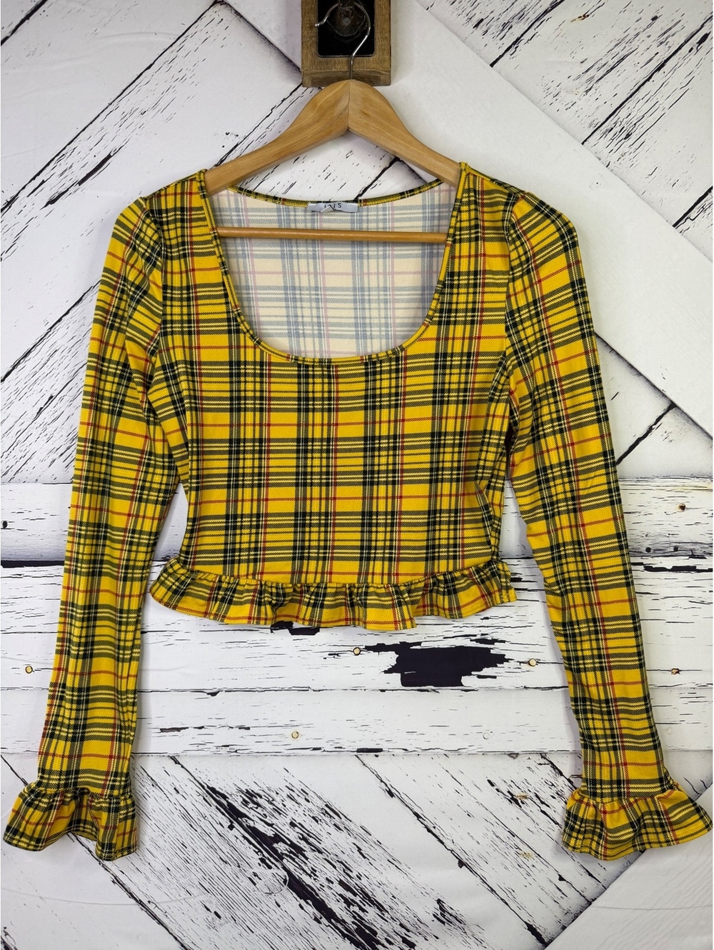 Iris 90’s Fashion Retro Grunge Plaid Ruffled Hem Academia Crop Top Women’s Small